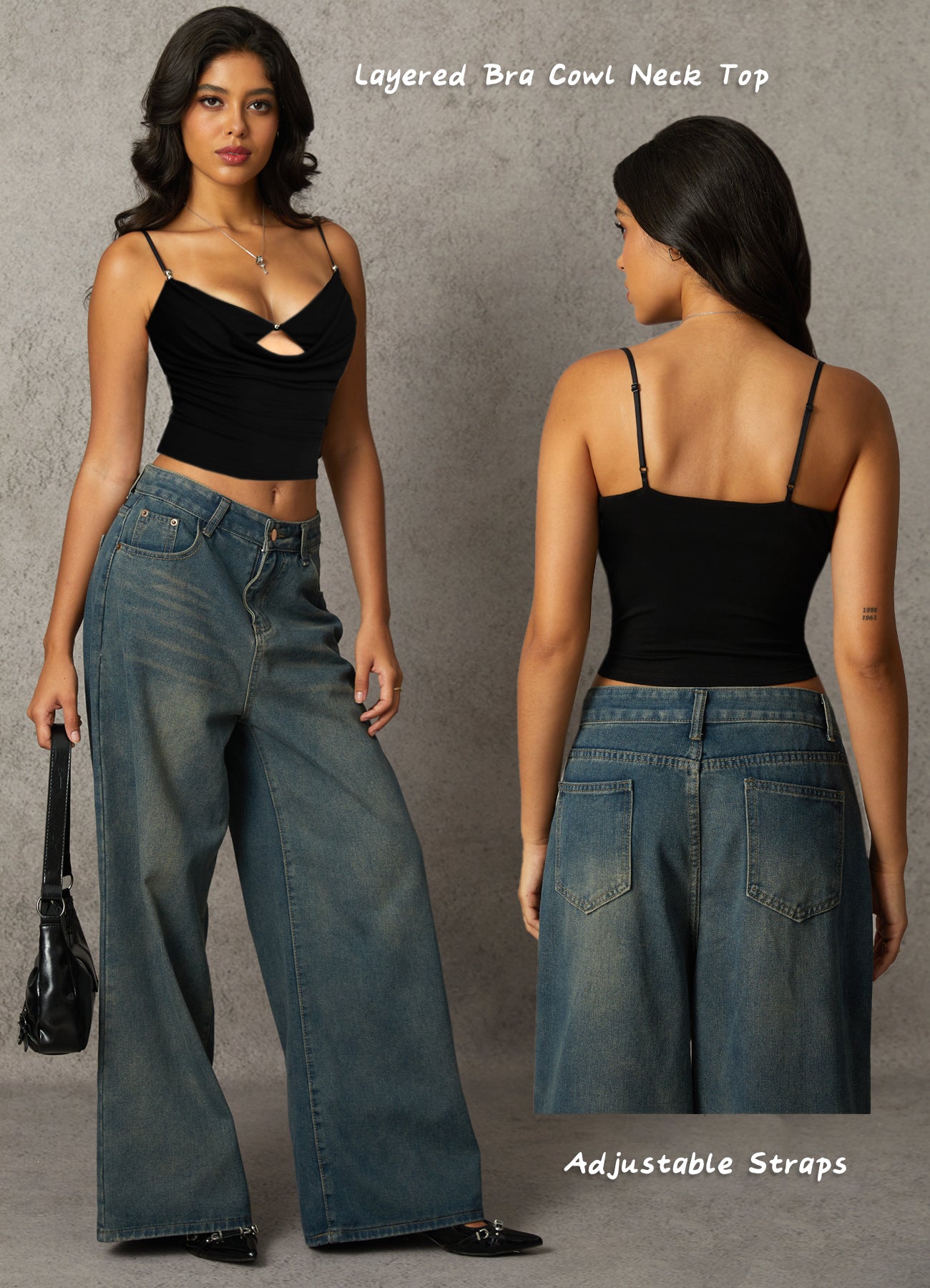 Navneet Women Layered Bra Draped Cowl Neck Tank Top Spaghetti Strap Cut Out Ruched Going Out Crop Cami Top