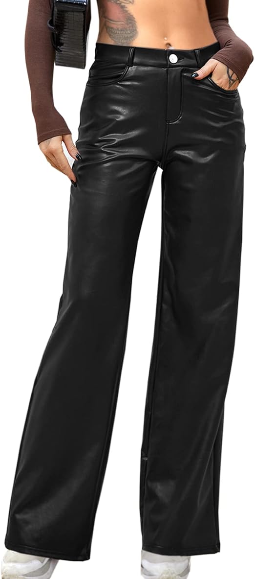 Navneet Women Faux Leather Pants PU High Waist Straight Leg Pant with Pockets Leather Leggings Bell Bottom Flare Pants