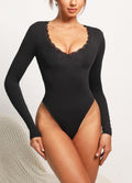 Navneet Women Sexy Deep V Neck Long Sleeve Lace Trim Bodysuit Going Out Fitted Tank Top Body Suits