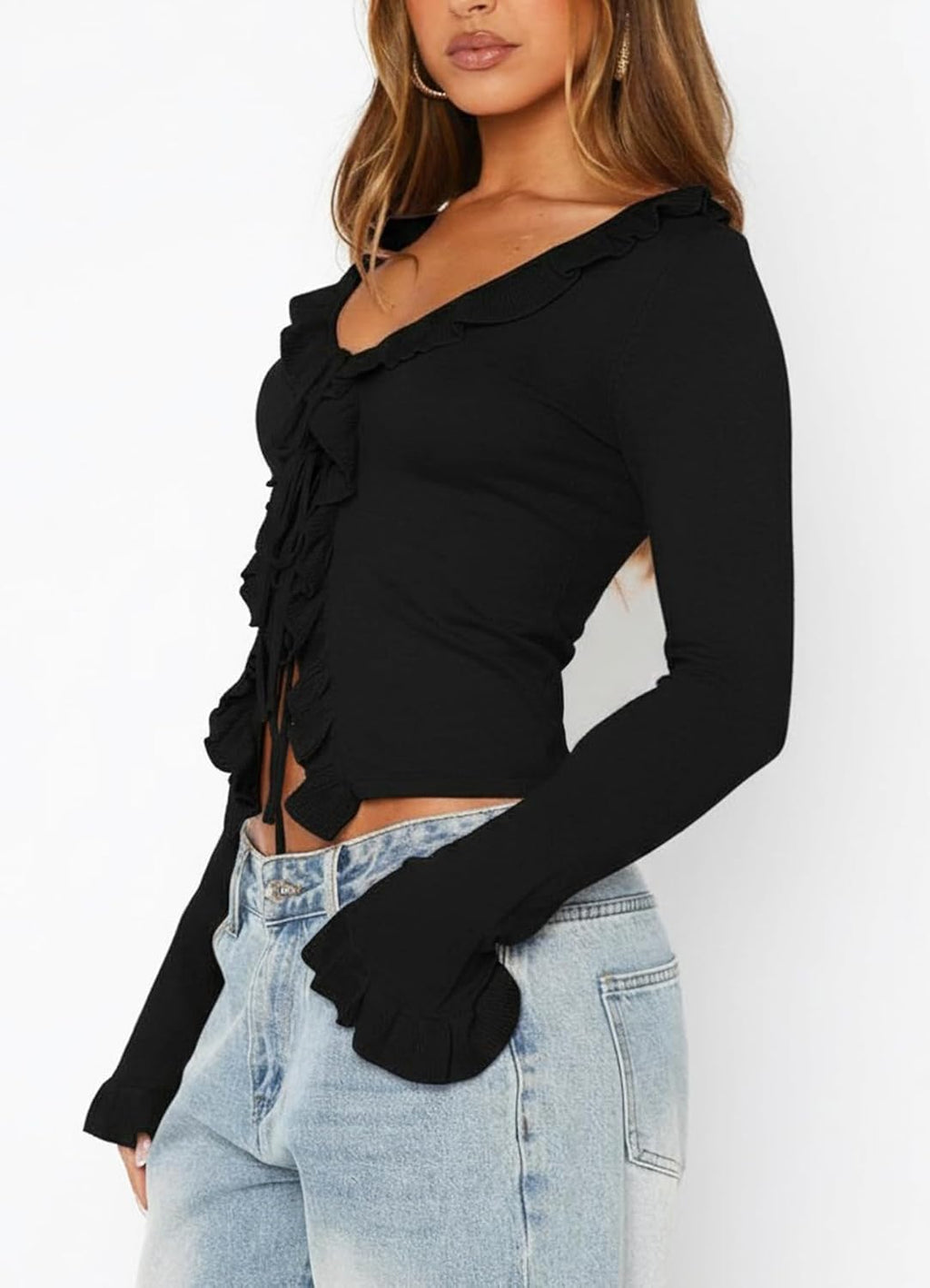 Navneet Women Ruffle Tie Front Cardigan Sweater Long Bell Sleeve Cropped Knit Sweater Top
