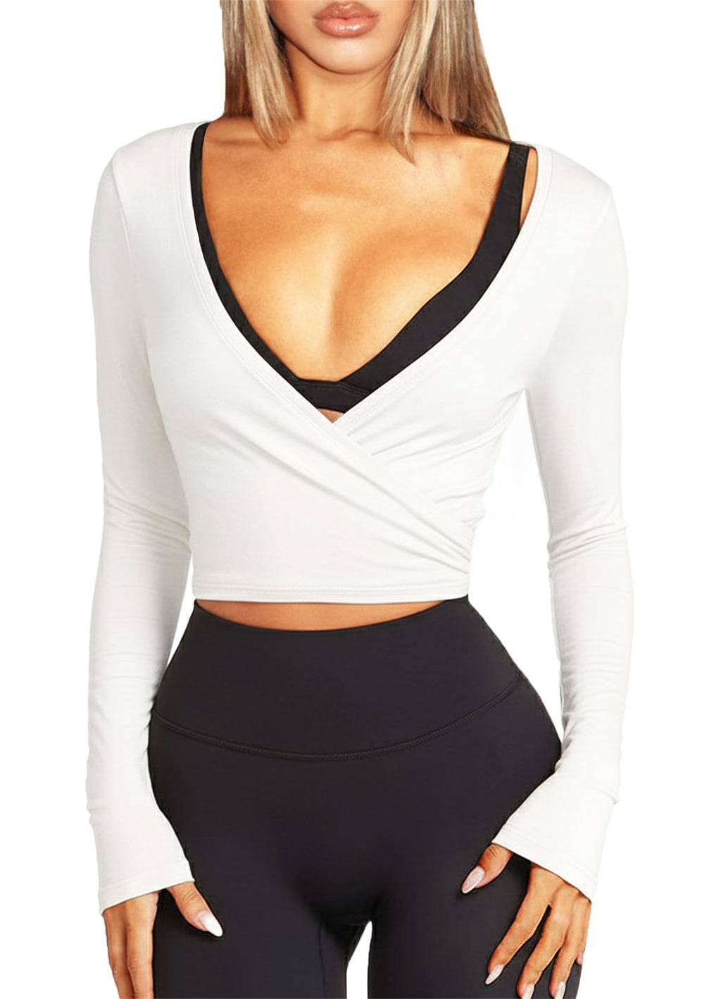Navneet Women Long Sleeve Ballet Pilates Yoga Wrap Tie Front Tops Workout Gym Shirts Cardigan