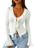 Navneet Women Ruffle Tie Front Cardigan Sweater Long Bell Sleeve Cropped Knit Sweater Top