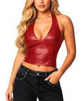 Navneet Women Sexy PU Leather Halter Crop Top Deep V Neck Backless Going Out Tank Top