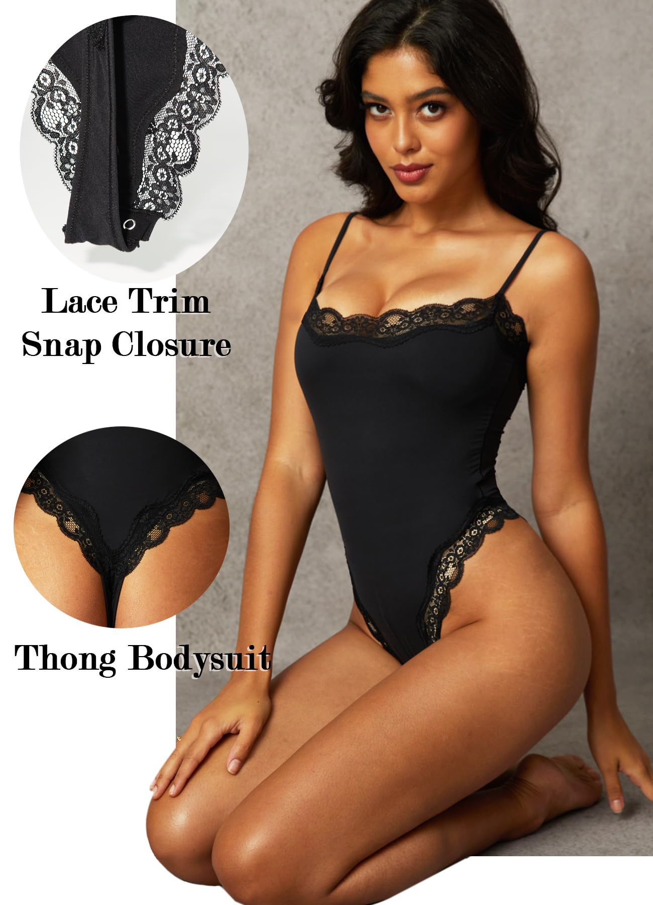 Navneet Women Sexy Lace Bodysuit Lace Trim High Cut Thong Spaghetti Strap Cami Bodysuit Going Out Tank Tops Body Suit