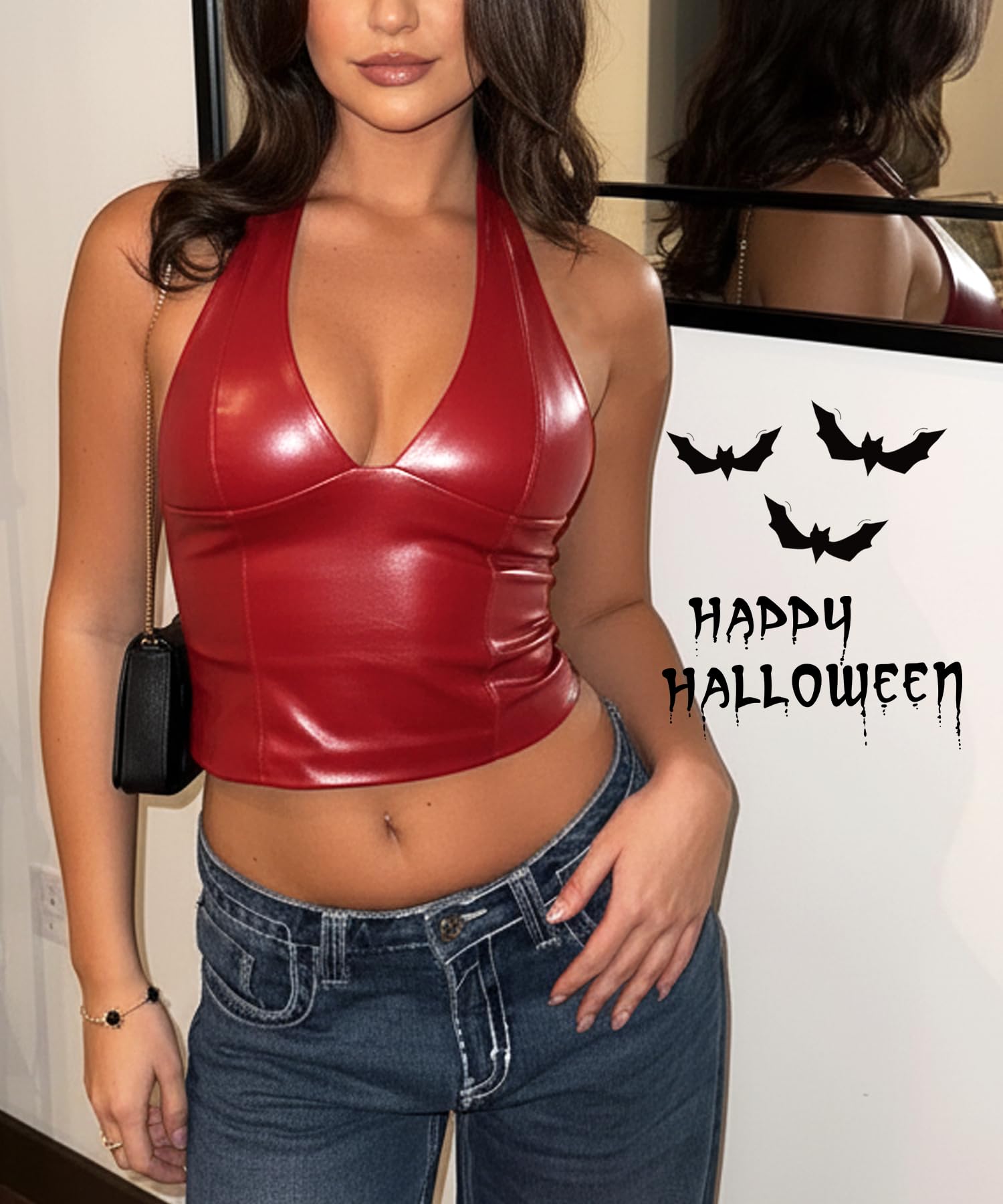 Navneet Women Sexy PU Leather Halter Crop Top Deep V Neck Backless Going Out Tank Top