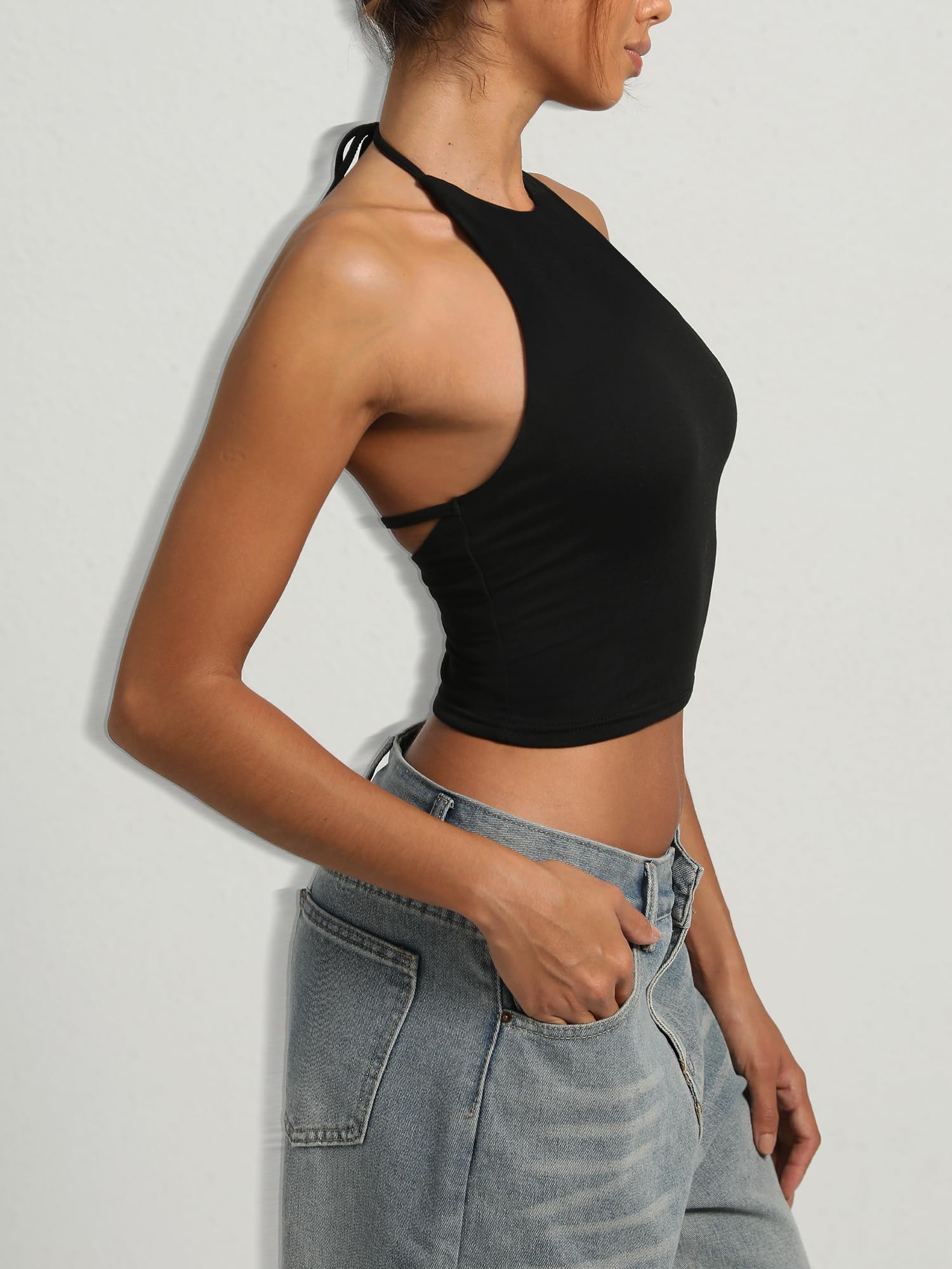 Navneet Women Y2K High Neck Tie Backless Halter Crop Top Open Back Sleeveless Going Out Tank Top