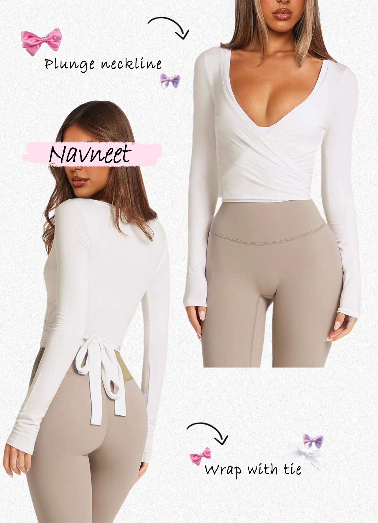 Navneet Women Long Sleeve Ballet Pilates Yoga Wrap Tie Front Tops Workout Gym Shirts Cardigan
