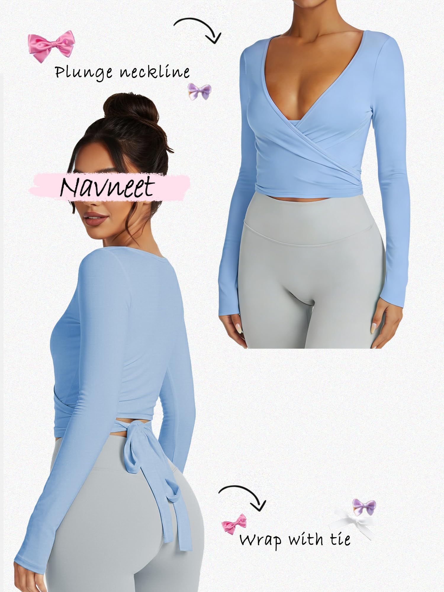 Navneet Women Long Sleeve Ballet Pilates Yoga Wrap Tie Front Tops Workout Gym Shirts Cardigan