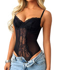 Navneet Women Sexy Lace Bodysuit Sleeveless Sheer Mesh Bustier Corset Top Date Night Party Club Rave