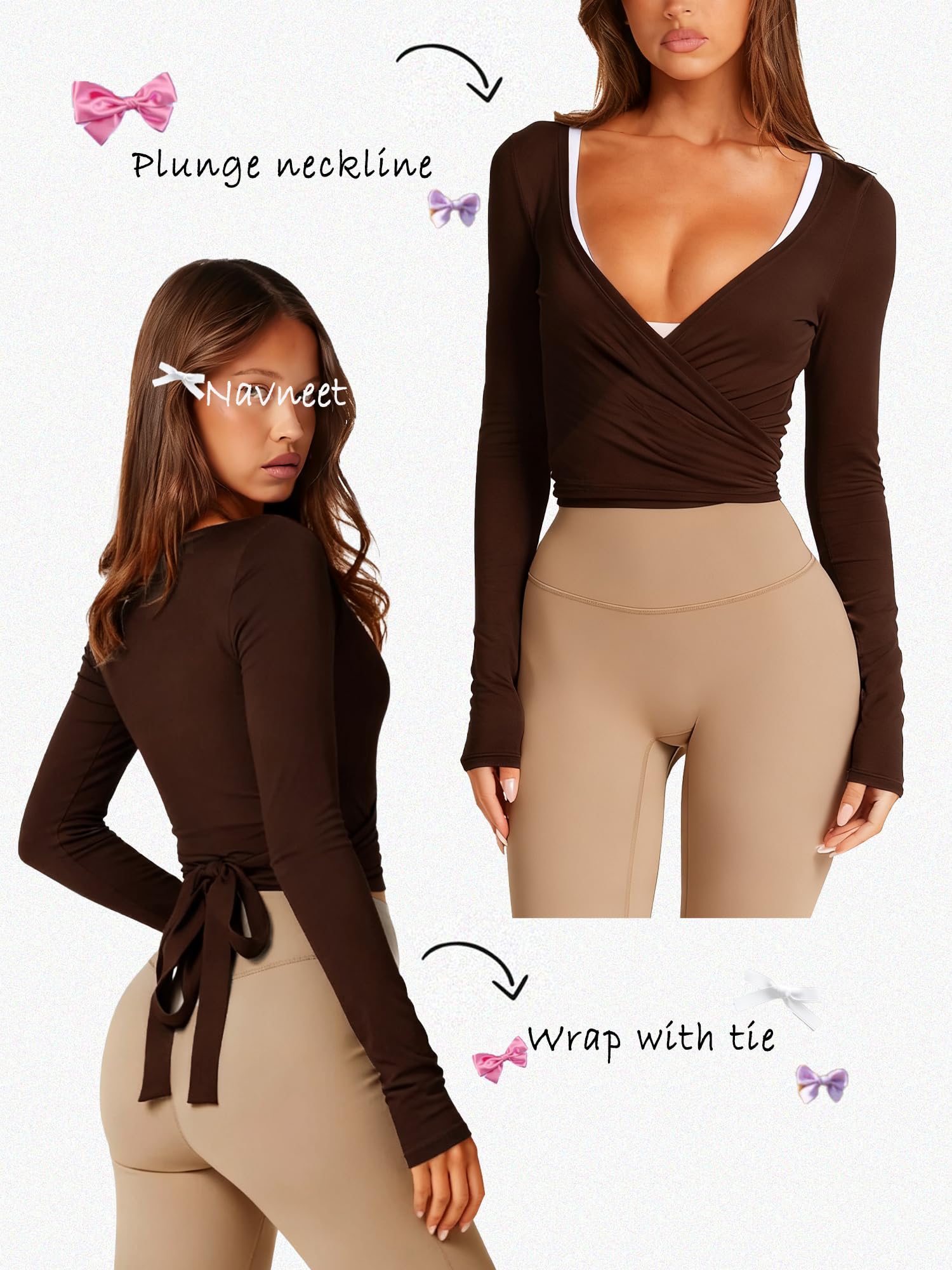 Navneet Women Long Sleeve Ballet Pilates Yoga Wrap Tie Front Tops Workout Gym Shirts Cardigan