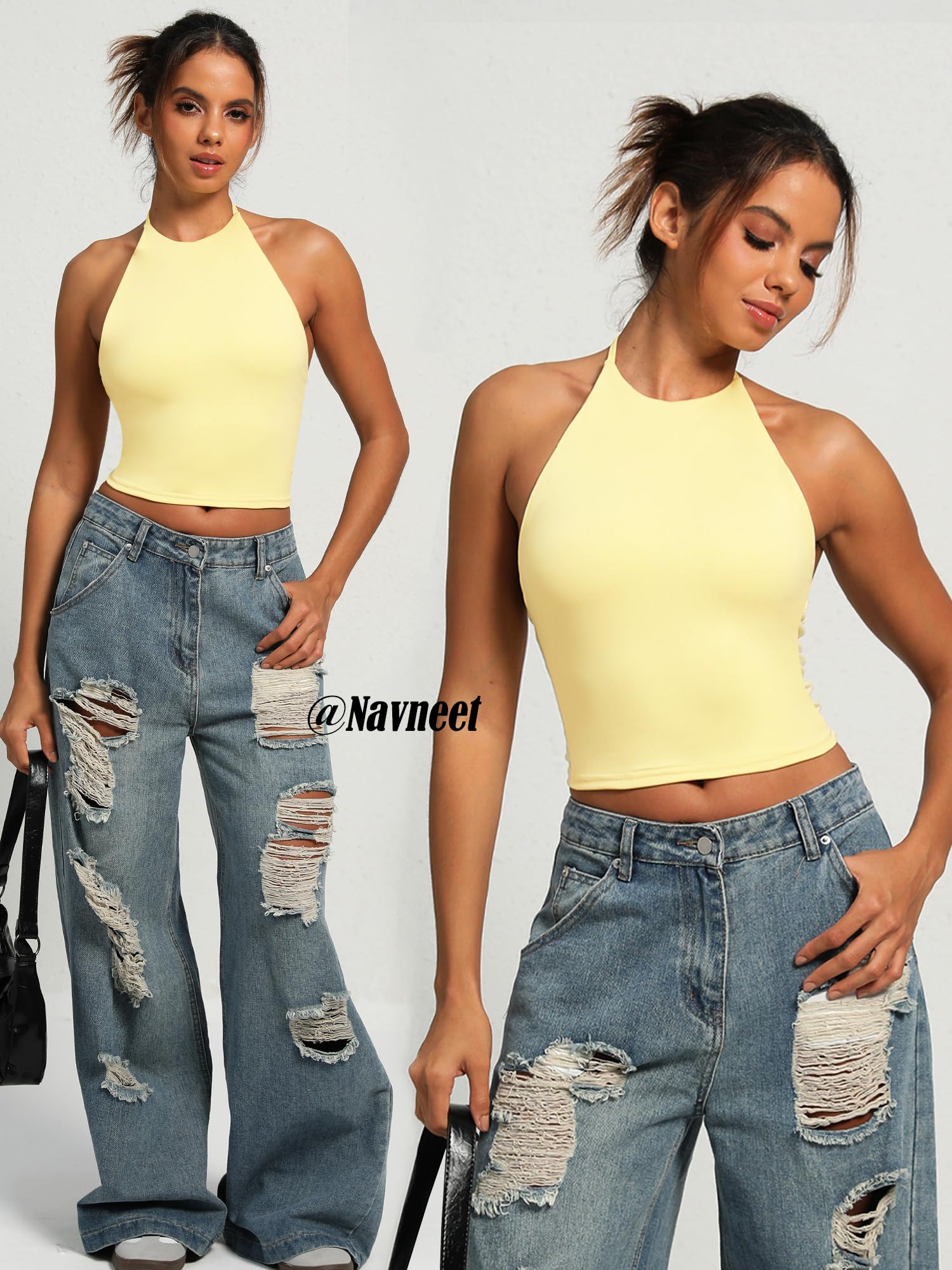 Navneet Women Y2K High Neck Tie Backless Halter Crop Top Open Back Sleeveless Going Out Tank Top