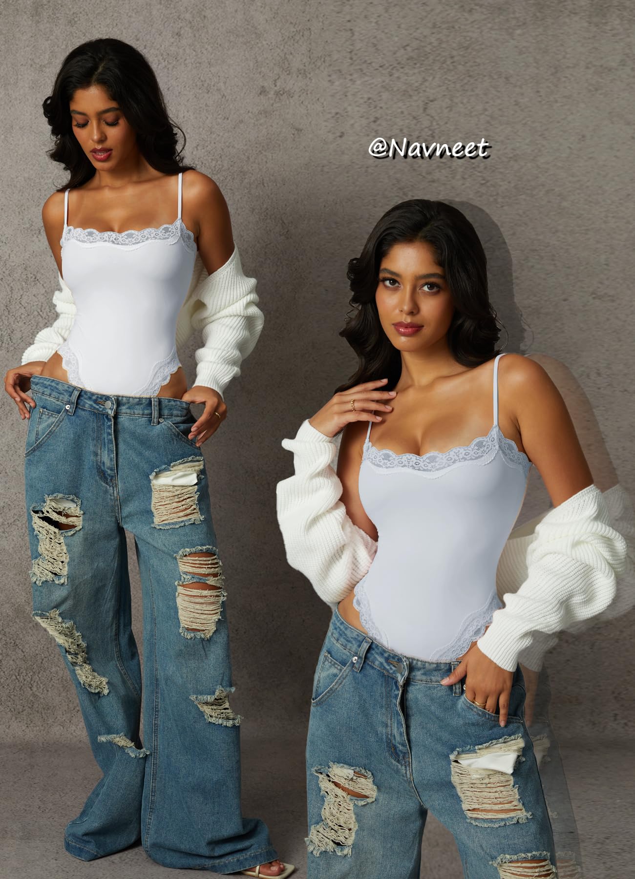 Navneet Women Sexy Lace Bodysuit Lace Trim High Cut Thong Spaghetti Strap Cami Bodysuit Going Out Tank Tops Body Suit