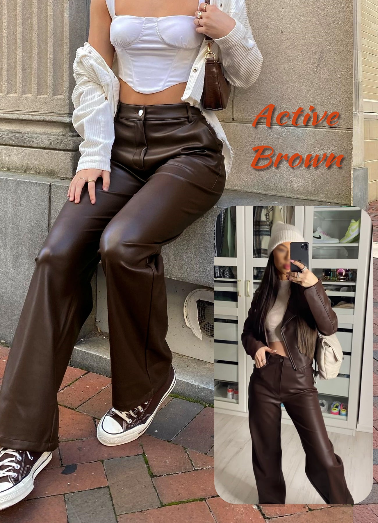 Navneet Women Faux Leather Pants PU High Waist Straight Leg Pant with Pockets Leather Leggings Bell Bottom Flare Pants