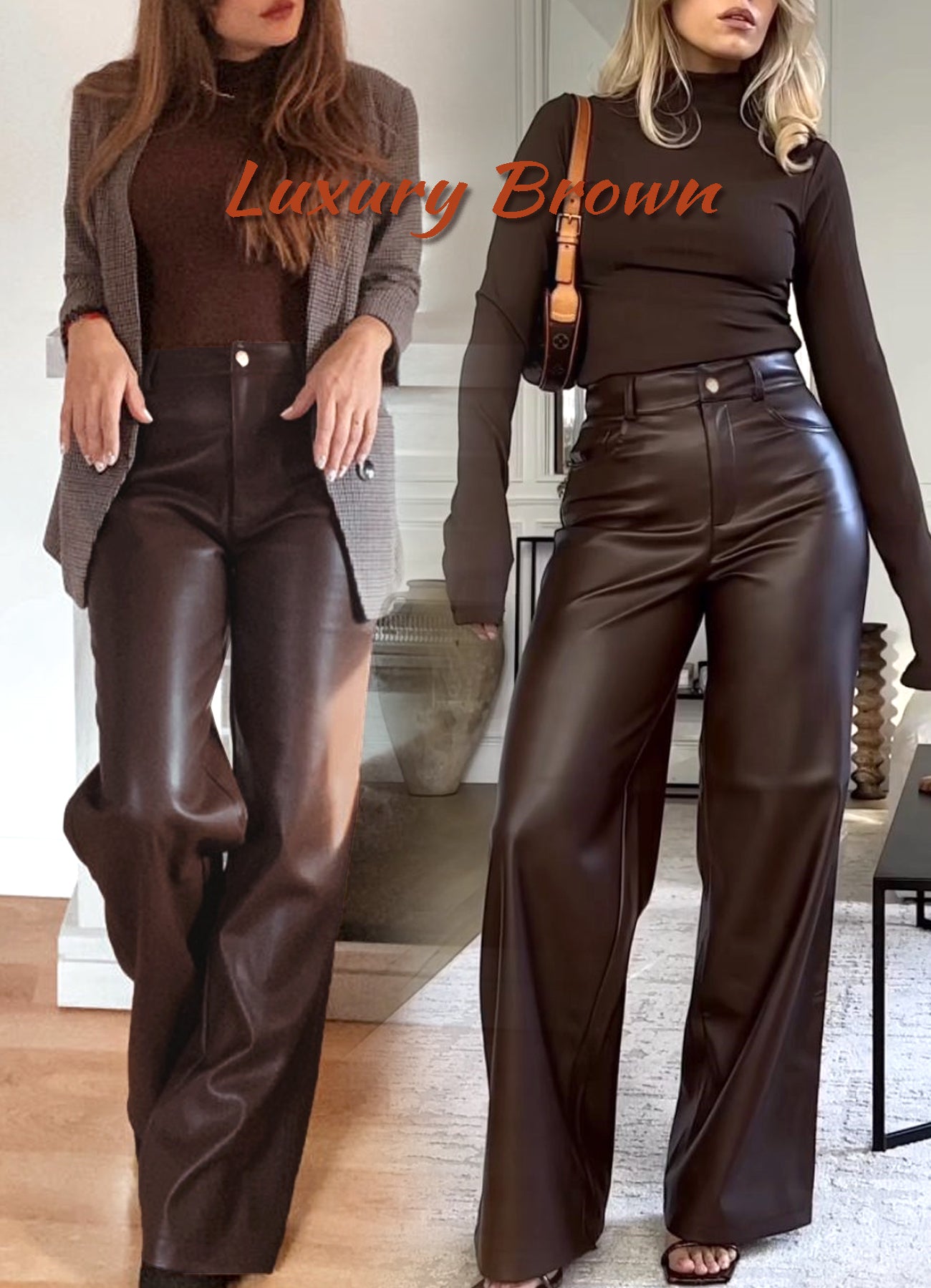 Navneet Women Faux Leather Pants PU High Waist Straight Leg Pant with Pockets Leather Leggings Bell Bottom Flare Pants
