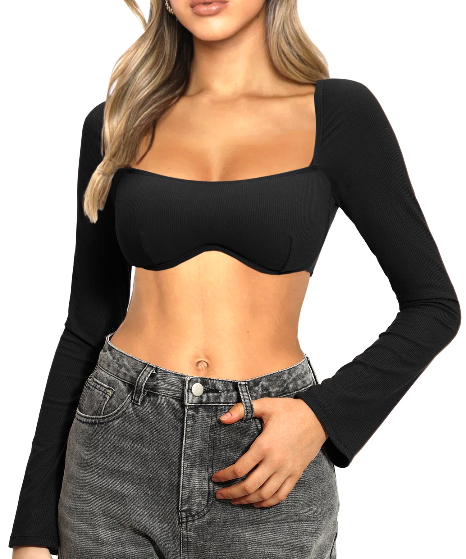Navneet Women Long Sleeve Crop Tops Sexy Going Out Top Ribbed Corset Tops Square Neck Club Party Fall Tee Shirts