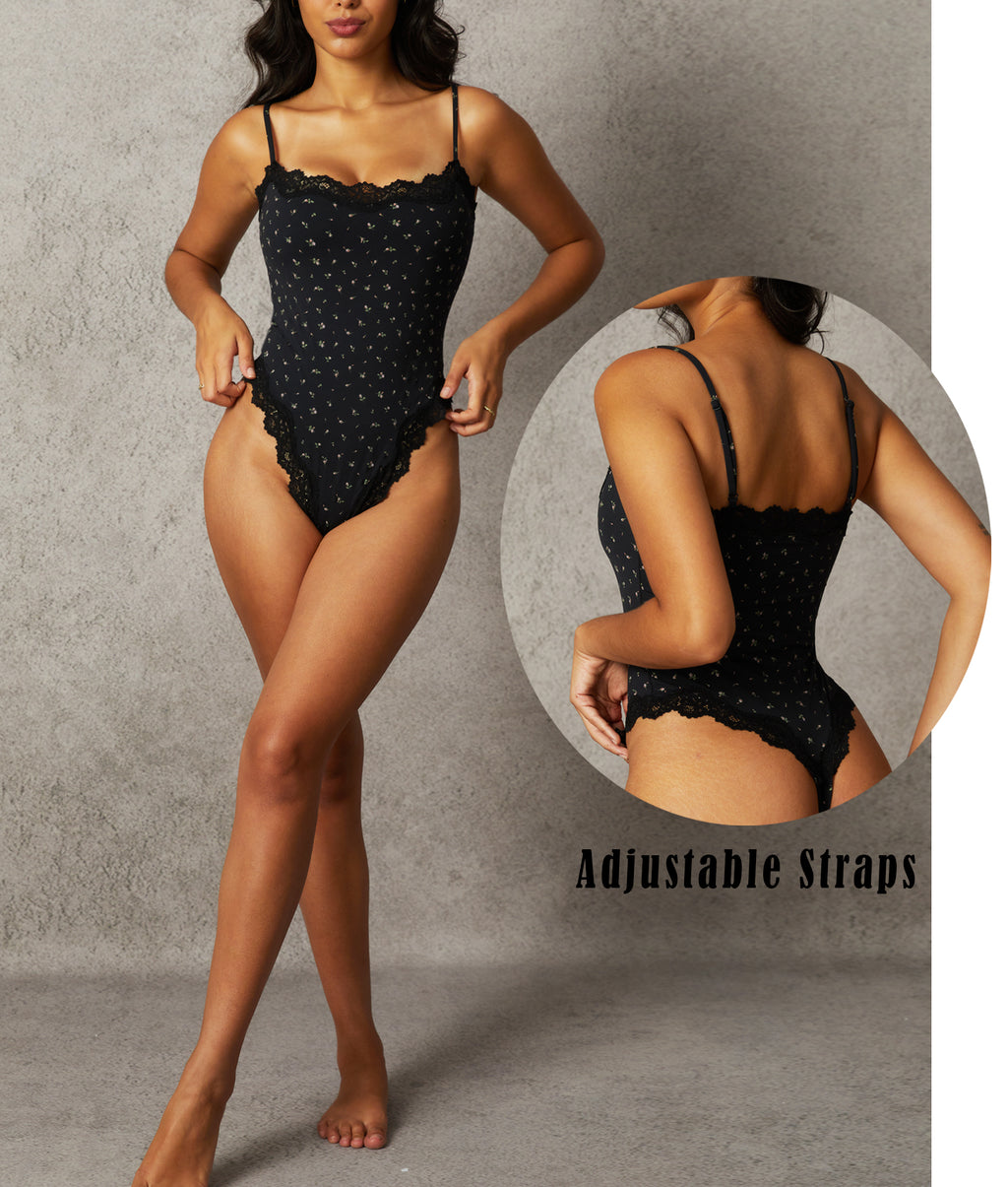 Navneet Women Sexy Lace Bodysuit Lace Trim High Cut Thong Spaghetti Strap Cami Bodysuit Going Out Tank Tops Body Suit