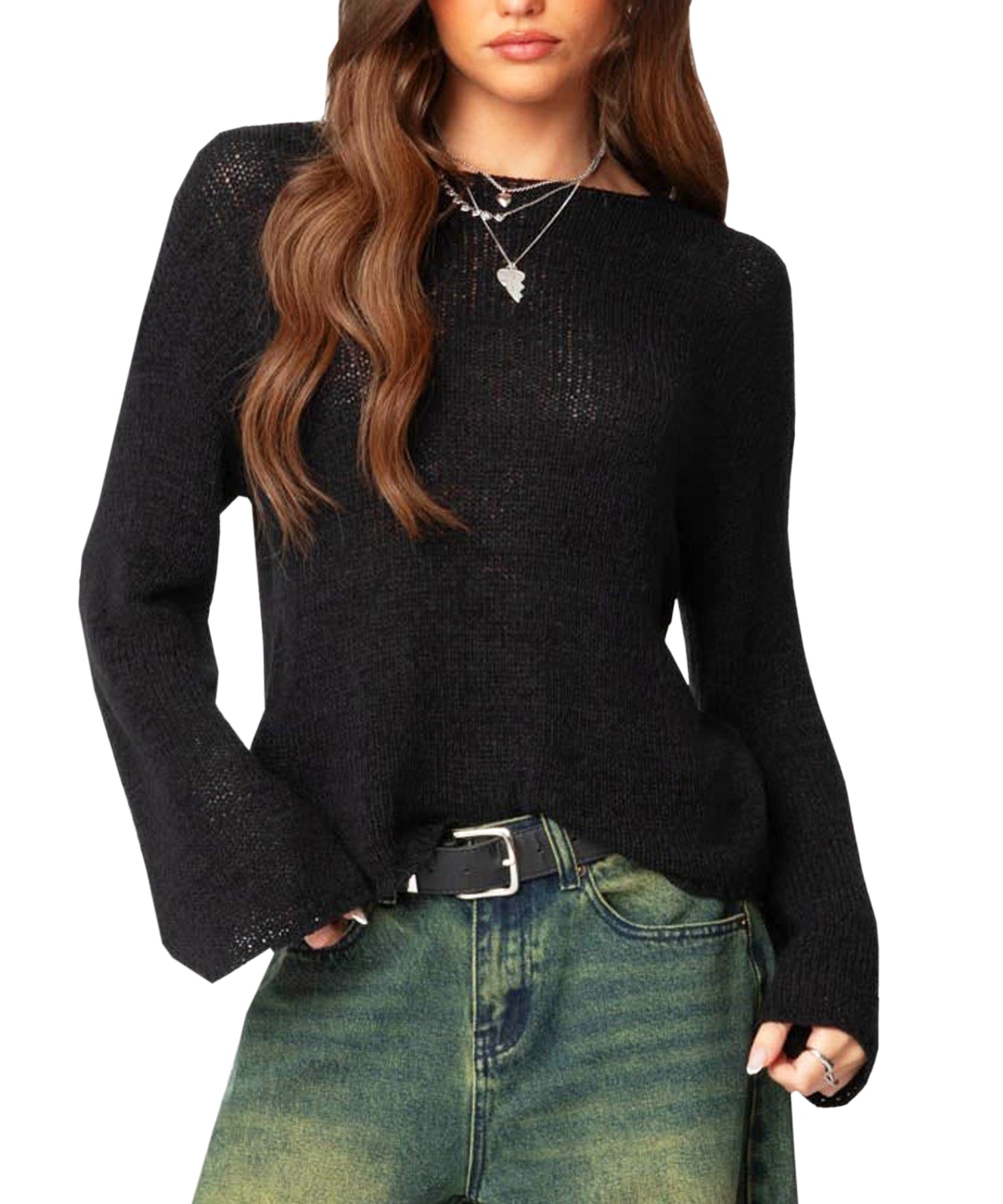 Navneet Women Boat Neck Long Sleeve Lightweight Sheer Sweater Pullover See Through Knit Poncho Top