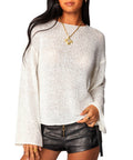 Navneet Women Boat Neck Long Sleeve Lightweight Sheer Sweater Pullover See Through Knit Poncho Top