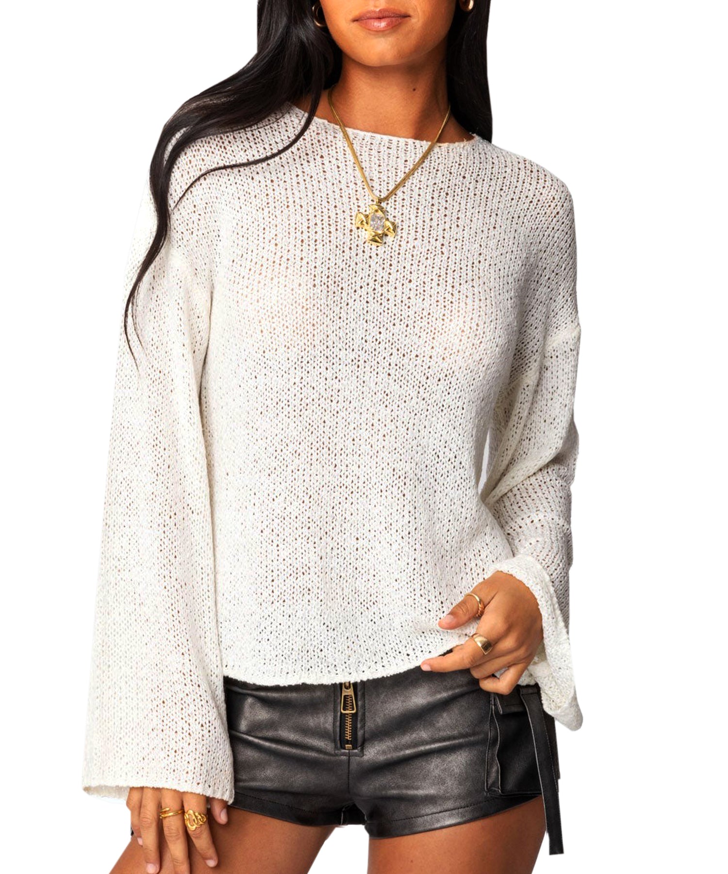 Navneet Women Boat Neck Long Sleeve Lightweight Sheer Sweater Pullover See Through Knit Poncho Top