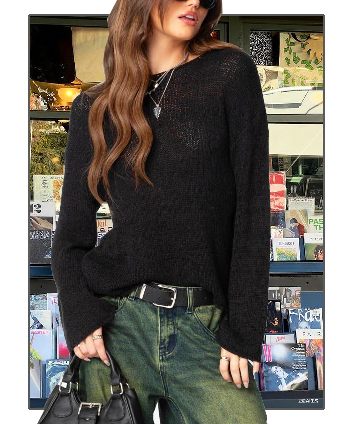 Navneet Women Boat Neck Long Sleeve Lightweight Sheer Sweater Pullover See Through Knit Poncho Top