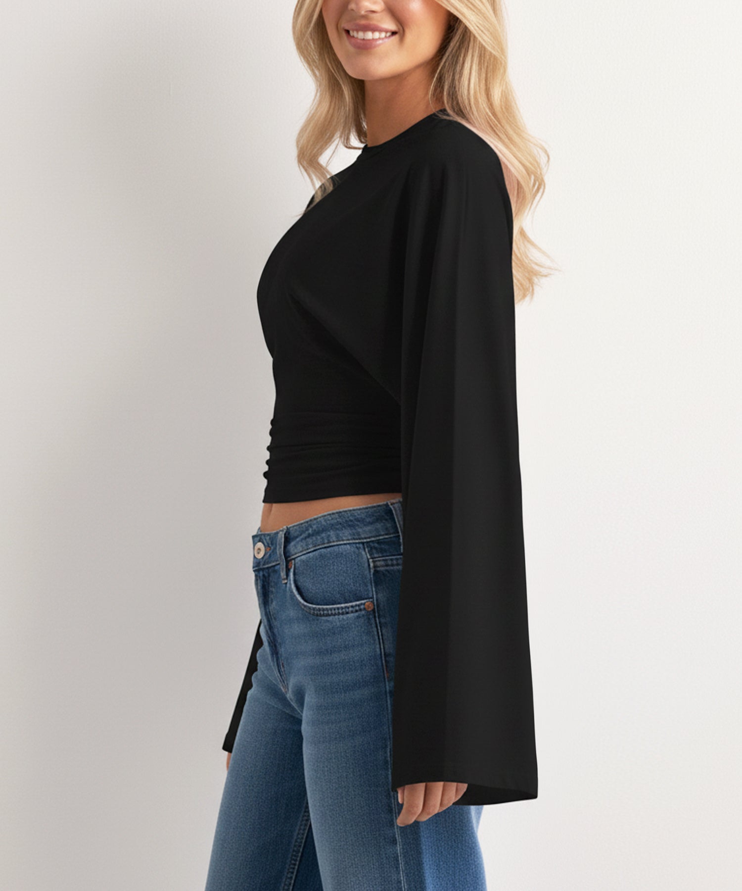 Navneet Women Long Bell Sleeve Ruched Cinched Waist Tee Top Crew Neck Loose Fitting Dressy Going Out Top