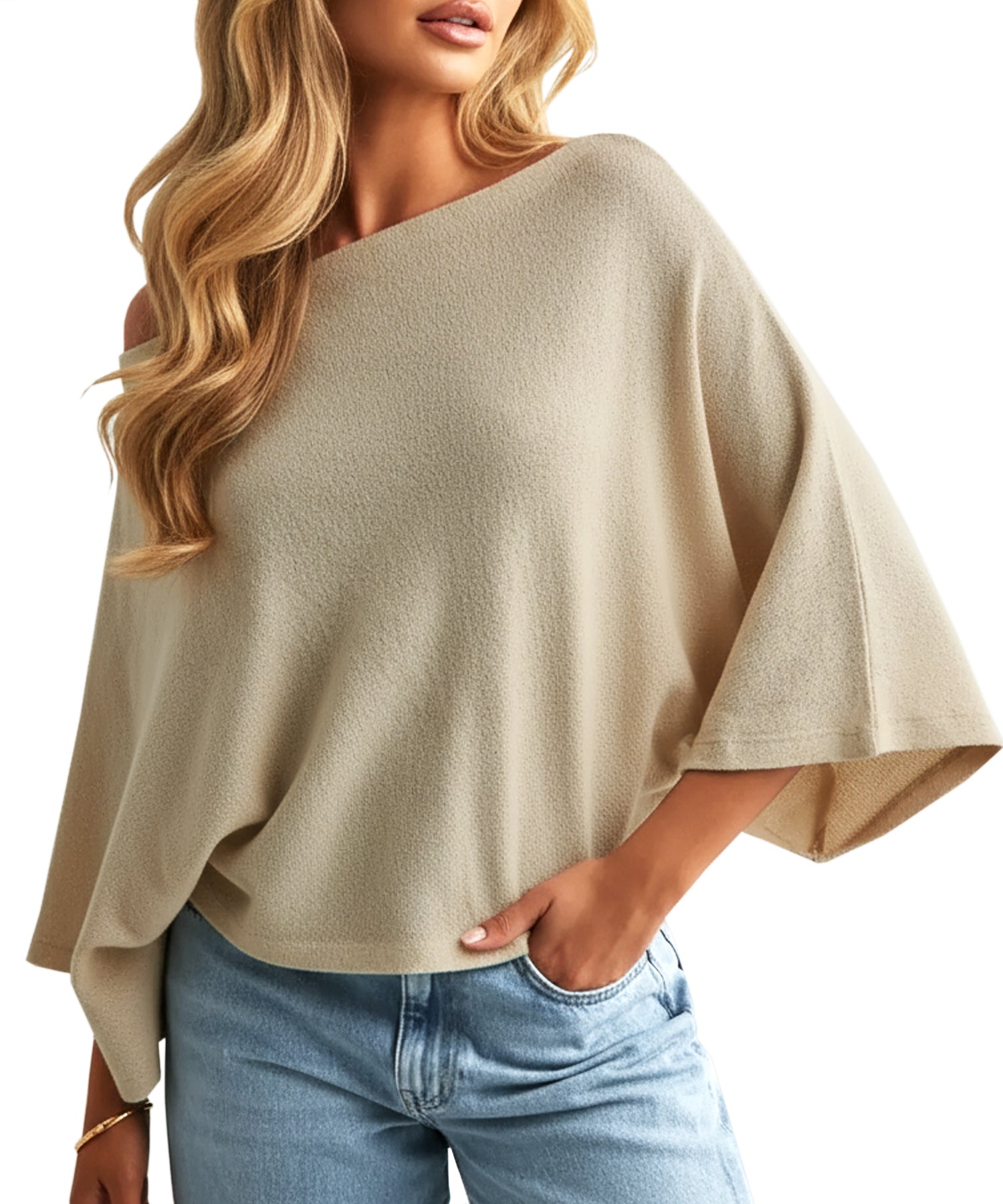 Navneet Women Off The Shoulder Oversized Knit Poncho Sweater Boat Neck Batwing Pullover Jumper Top