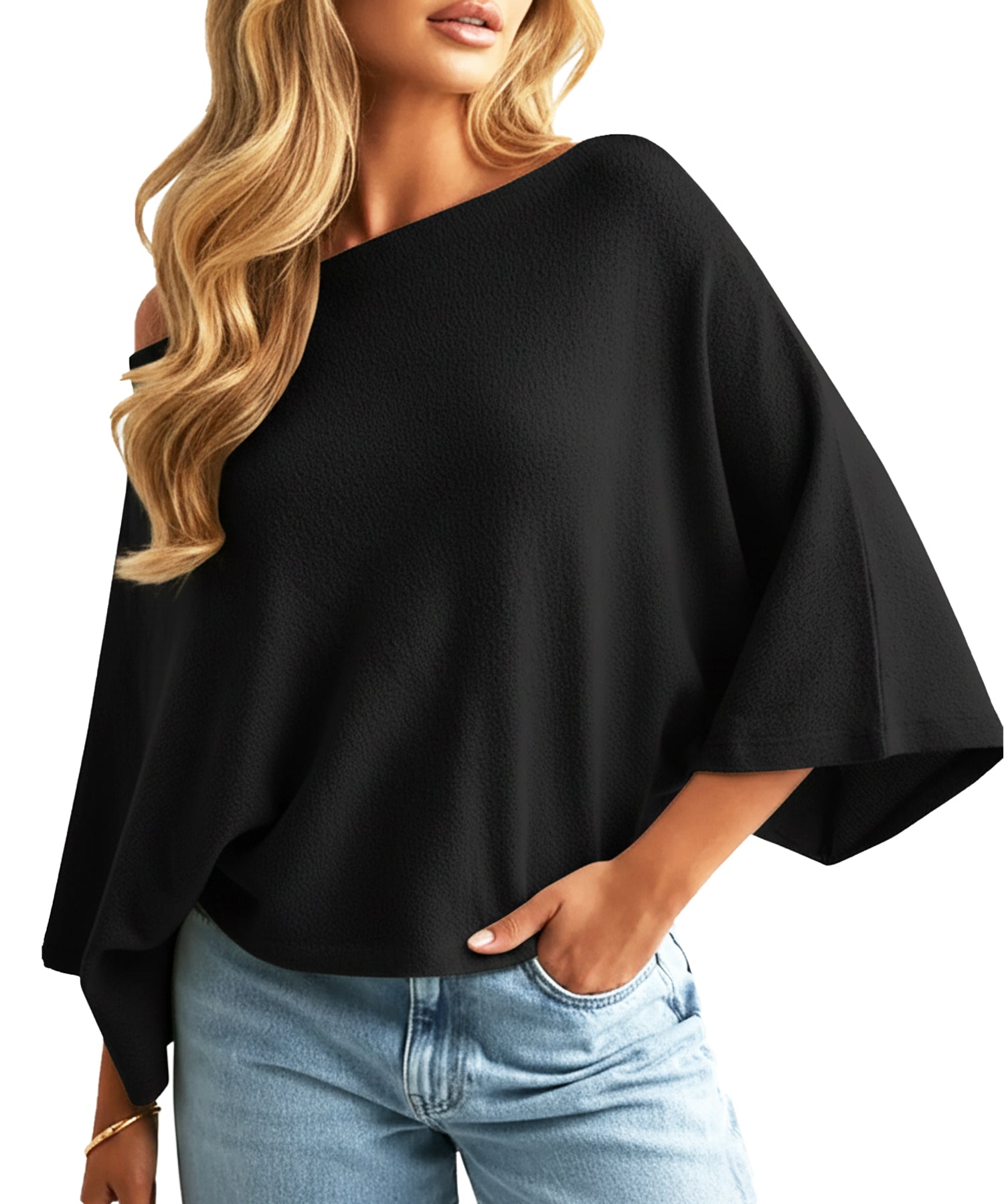 Navneet Women Off The Shoulder Oversized Knit Poncho Sweater Boat Neck Batwing Pullover Jumper Top